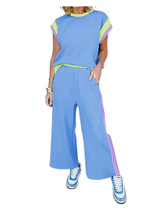 Trend Setter!--Colorblock Top and Pants Set--Sky Blue