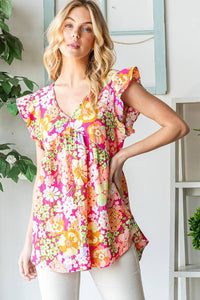 BUTTERFLY SLEEVE FLORAL BABYDOLL TOP