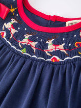 Load image into Gallery viewer, Christmas  Holiday Celebration Dress: Navy with Santa Sleigh
