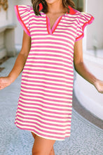Load image into Gallery viewer, Stripe Print Contrast Collar Split Neck Short Dress
