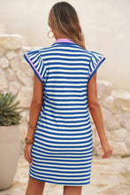 Load image into Gallery viewer, Stripe Print Contrast Collar Split Neck Short Dress
