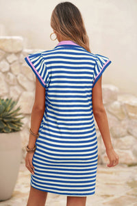 Stripe Print Contrast Collar Split Neck Short Dress