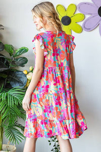 BUTTERFLY SHORT SLEEVE ROUND NECK FLORAL PRINT DRESS