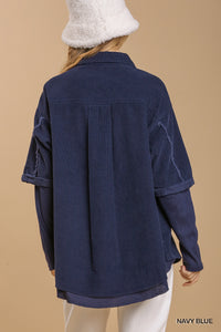 Corduroy Collar Button Down Jacket with Unfinished Hem--Navy