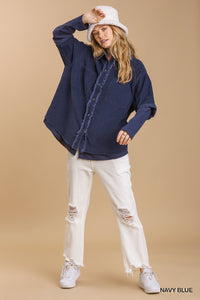 Corduroy Collar Button Down Jacket with Unfinished Hem--Navy