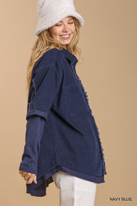 Corduroy Collar Button Down Jacket with Unfinished Hem--Navy