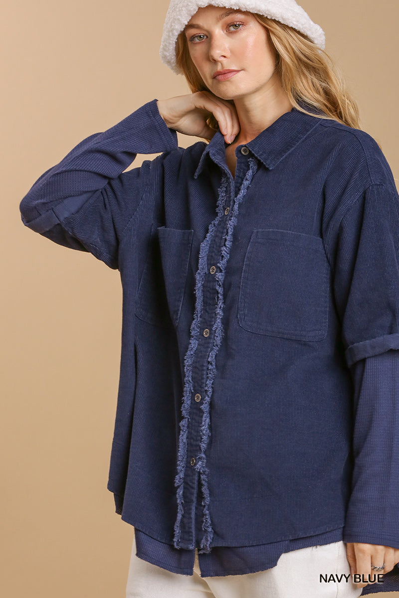 Corduroy Collar Button Down Jacket with Unfinished Hem--Navy