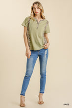 Load image into Gallery viewer, Umgee Animal Print Button Detail Waffle Knit Top--Sage
