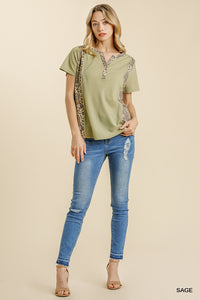 Umgee Animal Print Button Detail Waffle Knit Top--Sage