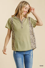 Load image into Gallery viewer, Umgee Animal Print Button Detail Waffle Knit Top--Sage
