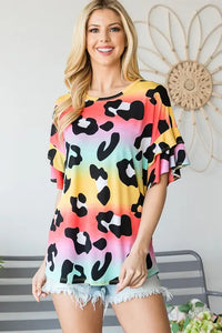 Multi Color-Animal Print Ruffle Sleeve Top