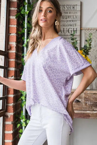 Lavender Animal Print V Neck Top