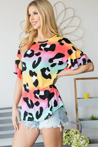 Multi Color-Animal Print Ruffle Sleeve Top