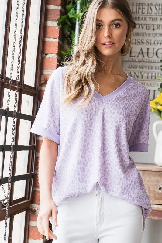 Lavender Animal Print V Neck Top