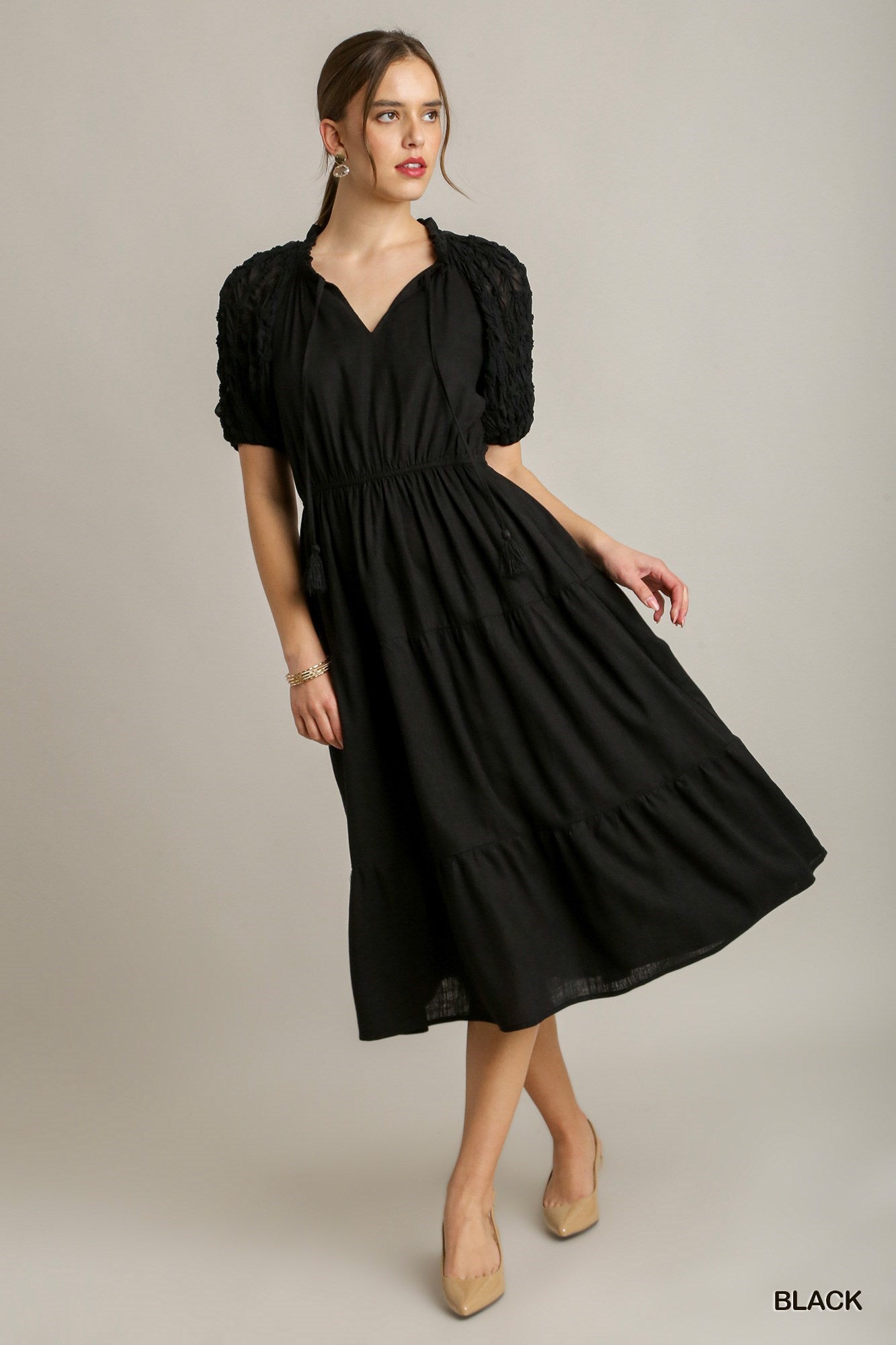 Umgee Linen Blend Tiered Midi Dress--Black Lilly Abigails Boutique Umgee Linen Blend Tiered Midi Dress--Black Lilly Abigails Boutique
