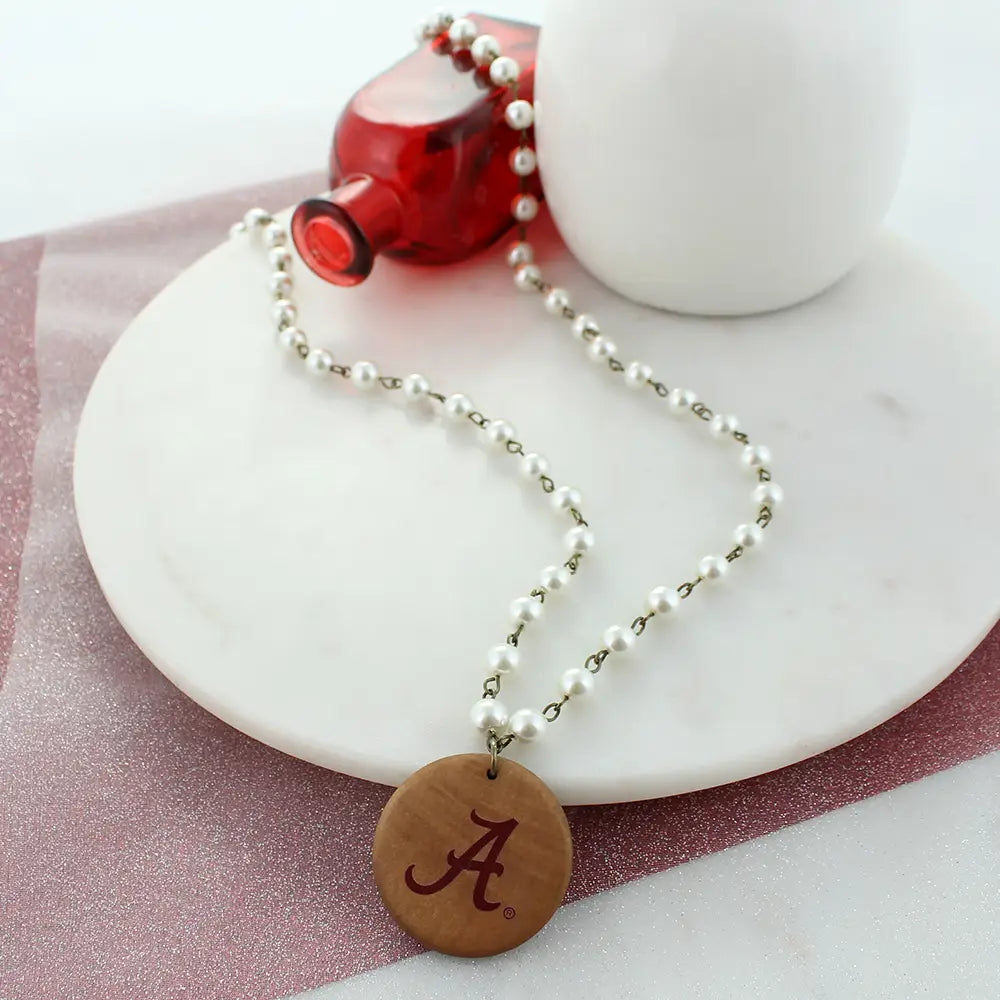 34” Alabama Logo Pearl & Wood Disc Necklace