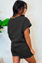 Load image into Gallery viewer, Black 2pcs Solid Textured Drawstring Short Sleeve Top-Shorts Set
