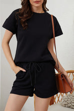 Load image into Gallery viewer, Black 2pcs Solid Textured Drawstring Short Sleeve Top-Shorts Set
