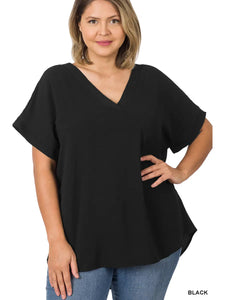 Plus Size Woven Airflow V-Neck Hi-Low Hem Top