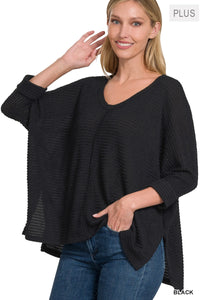 PLUS & Regular--3/4 Sleeve V-Neck Hi-Low Hem Jacquard Sweater