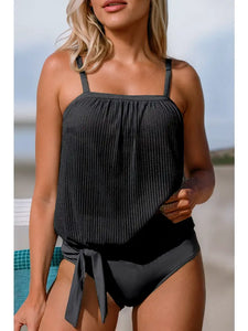 Black Striped Mesh Knotted Hem Tankini Swimsuit