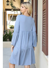 Load image into Gallery viewer, SOLID V-Neck Elastic Detail Sleeve Tiered Dress--Dusty Blue
