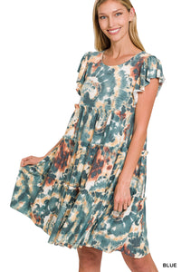 Tiered Ruffle Sleeve Dress--Blue Tie Dye