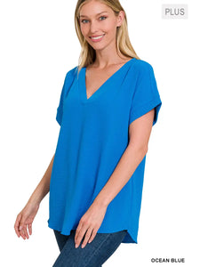 Plus Size Woven Airflow V-Neck Hi-Low Hem Top