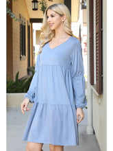 Load image into Gallery viewer, SOLID V-Neck Elastic Detail Sleeve Tiered Dress--Dusty Blue
