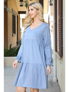 SOLID V-Neck Elastic Detail Sleeve Tiered Dress--Dusty Blue