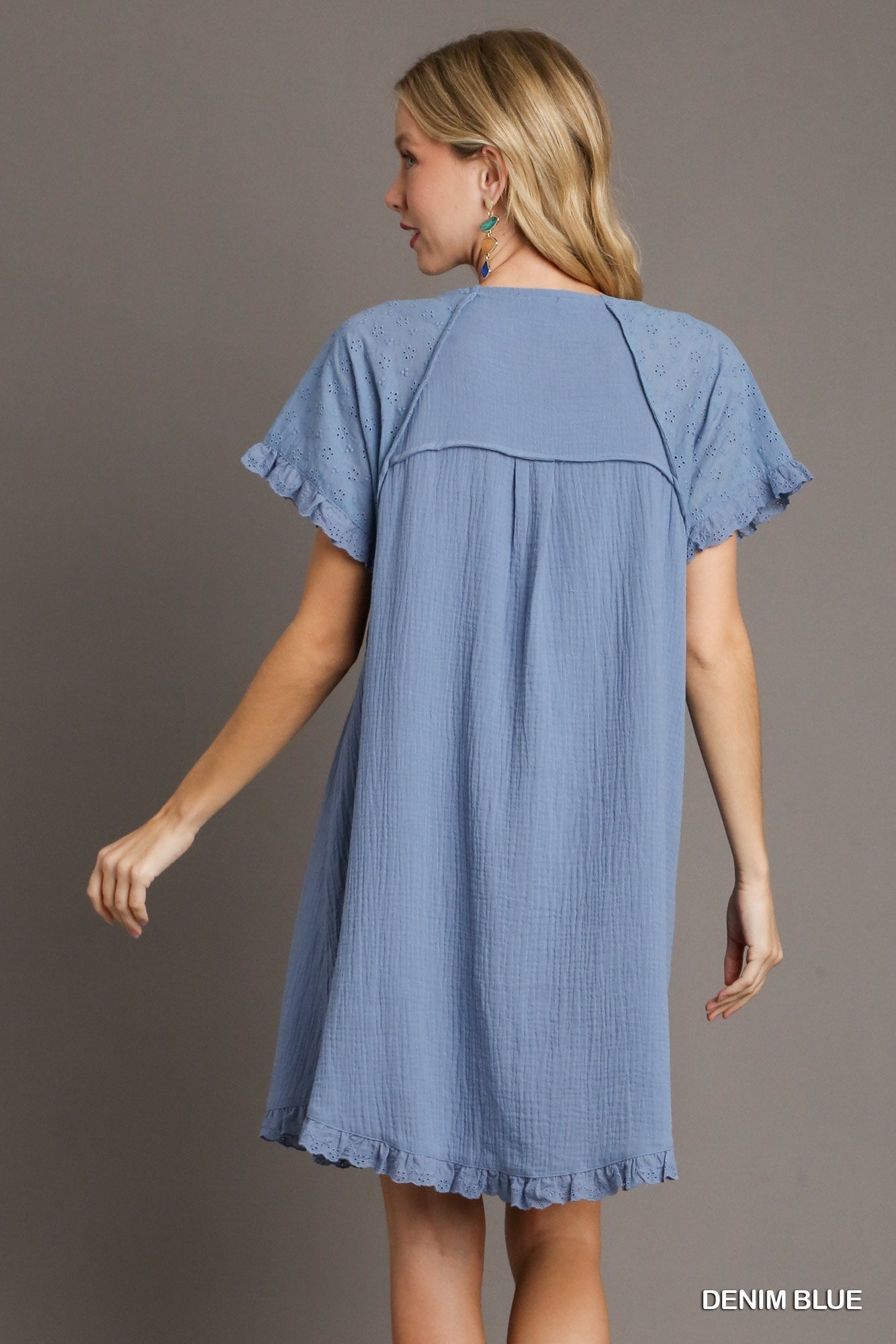 Umgee Denim Blue Dress--Eyelet Sleeves and Ruffle Eyelet Ends Lilly Abigails Boutique Umgee Denim Blue Dress--Eyelet Sleeves and Ruffle Eyelet Ends Lilly Abigails Boutique