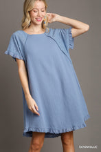 Load image into Gallery viewer, Umgee Denim Blue Dress--Eyelet Sleeves and Ruffle Eyelet Ends
