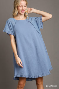 Umgee Denim Blue Dress--Eyelet Sleeves and Ruffle Eyelet Ends