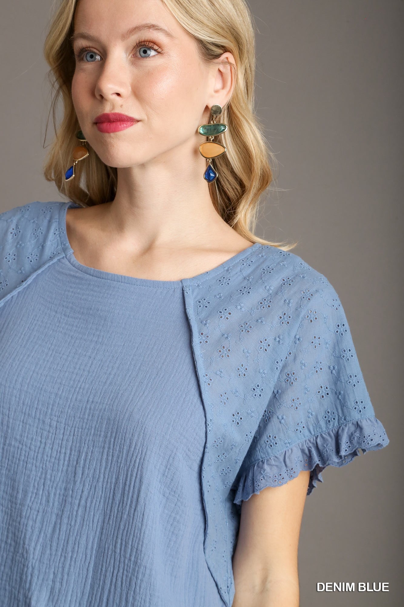 Umgee Denim Blue Dress--Eyelet Sleeves and Ruffle Eyelet Ends – Lilly Abigails Boutique Umgee Denim Blue Dress--Eyelet Sleeves and Ruffle Eyelet Ends – Lilly Abigails Boutique