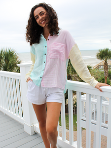 Simply Southern Color Block Button Down Guaze Top