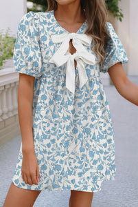 Floral Print Bow Knot Bubble Sleeve Shift Dress
