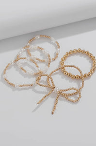 Bow Knot Pearl Beaded Multi Layered Bracelet Set