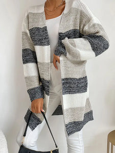 Gray Color Block Long Sleeve Knit Cardigan