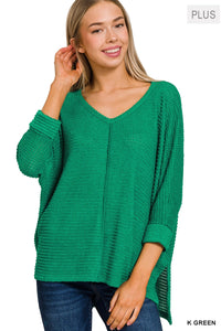 PLUS & Regular--3/4 Sleeve V-Neck Hi-Low Hem Jacquard Sweater