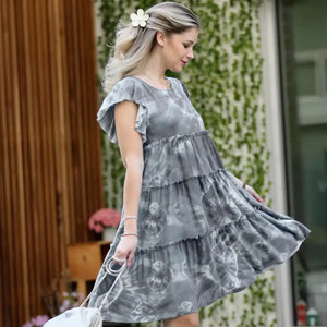 Tiered Ruffle Sleeve Dress--Blue Tie Dye