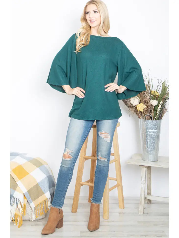 BOAT Neck Wide Sleeve Brushed Hacci Top--Hunter Green