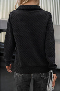 Solid Half Zipper Quilted Pullover Sweatshirt--Black