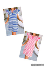 Load image into Gallery viewer, Stripe Print Contrast Collar Split Neck Short Dress
