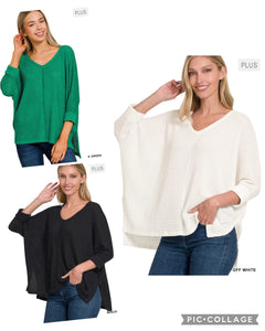 PLUS & Regular--3/4 Sleeve V-Neck Hi-Low Hem Jacquard Sweater