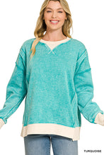Load image into Gallery viewer, Fleece Acid Washed Contrast Trim Pullover--Turquoise
