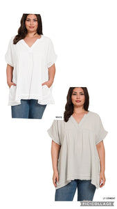 PLUS SIZE GAUZE RAW EDGE SHORT SLEEVE V-NECK SHIRT