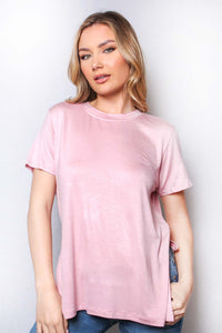 Women's Short Sleeve Round Neck Side Slit Top - Rose