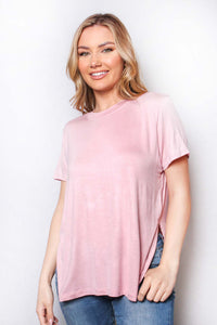 Women's Short Sleeve Round Neck Side Slit Top - Rose