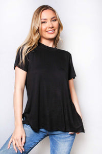 Women's Short Sleeve Round Neck Side Slit Top - Black