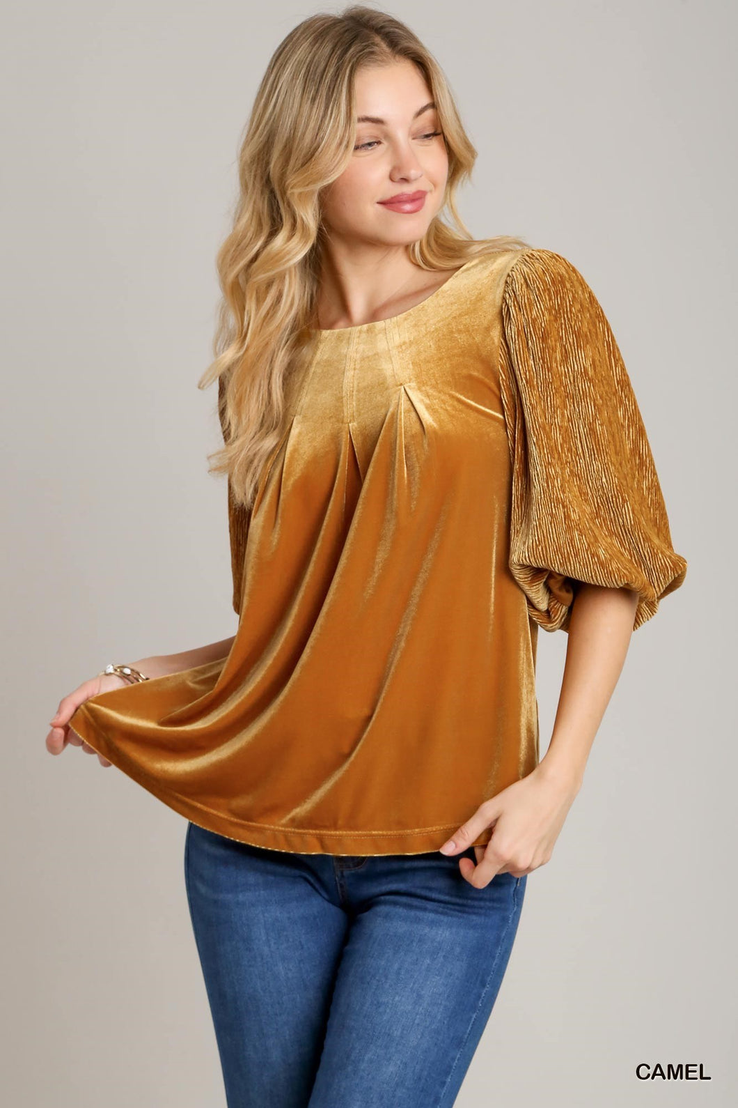 Umgee--Camel (Gold) Balloon Sleeve Velvet Top